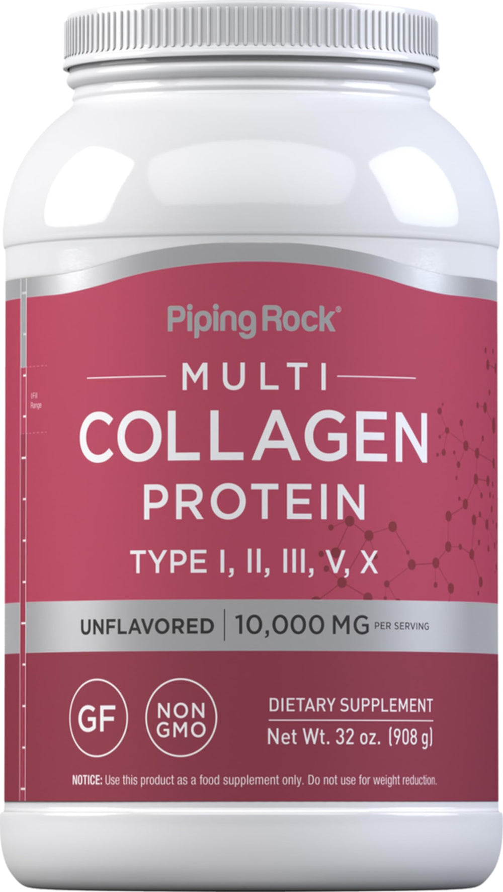 Piping Rock Multi Collagen Powder 32oz jar, unflavored and versatile.