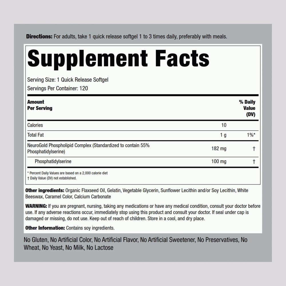 Piping Rock NeuroGold PS complex illustration highlights standardized 55% phosphatidylserine potency.