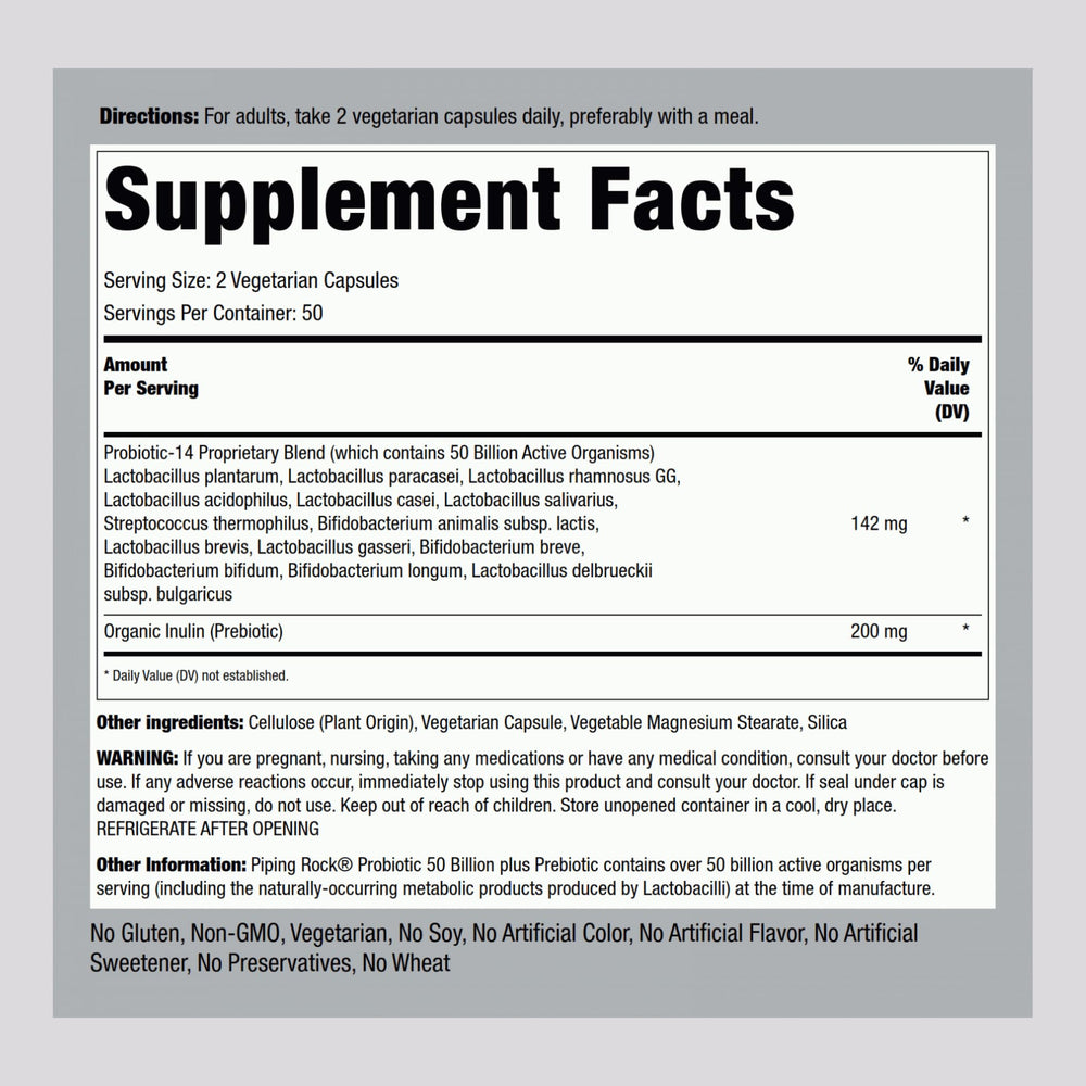 Piping Rock probiotic capsules closeup showing smooth capsules and clear labels.