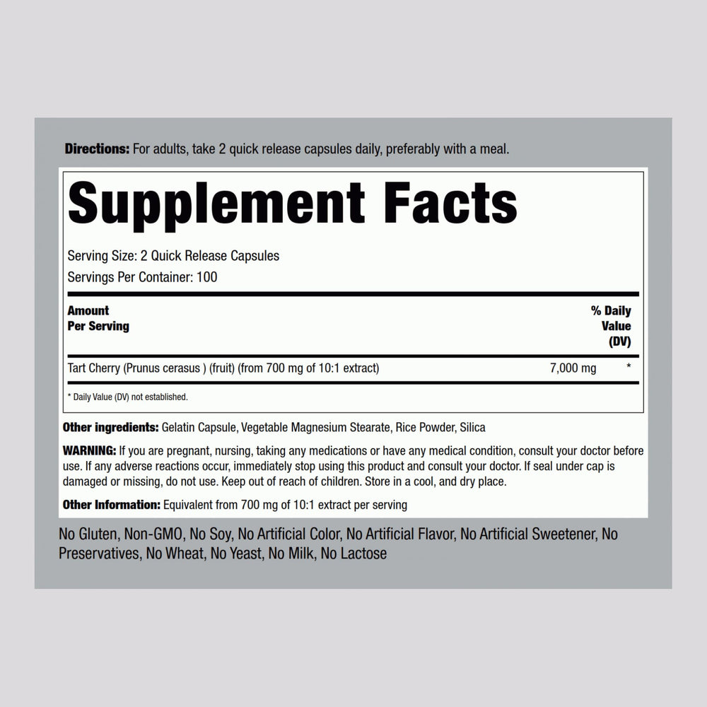Close up of Piping Rock Tart Cherry Extract capsules for easy daily use.