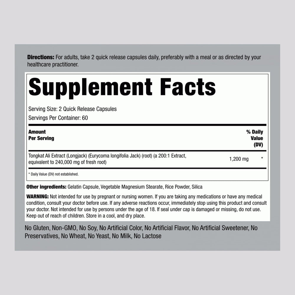 Piping Rock Tongkat Ali capsules close-up highlighting easy-to-swallow capsules