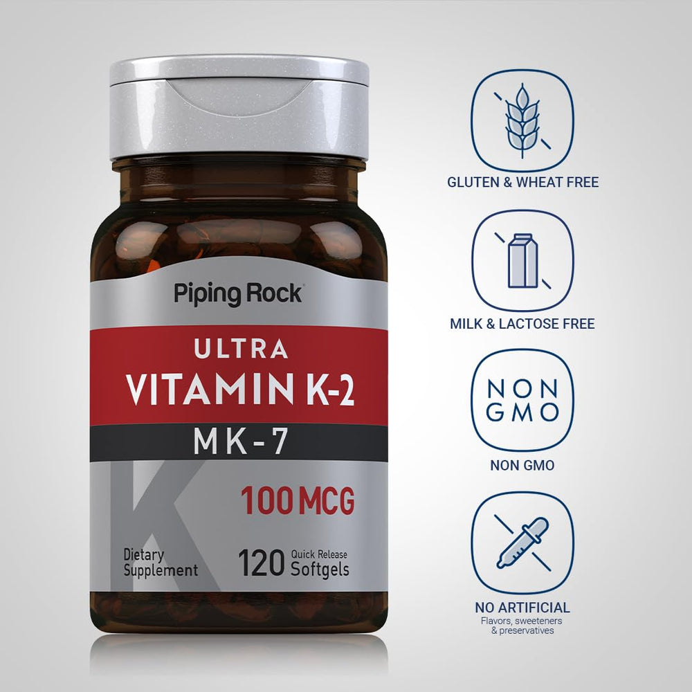 Piping Rock Vitamin K2 MK7 softgels close-up label emphasizes potency and value.