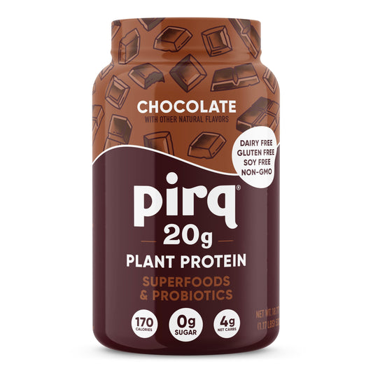 Pirq dairy-free chocolate protein powder tub ready for on-the-go shakes.