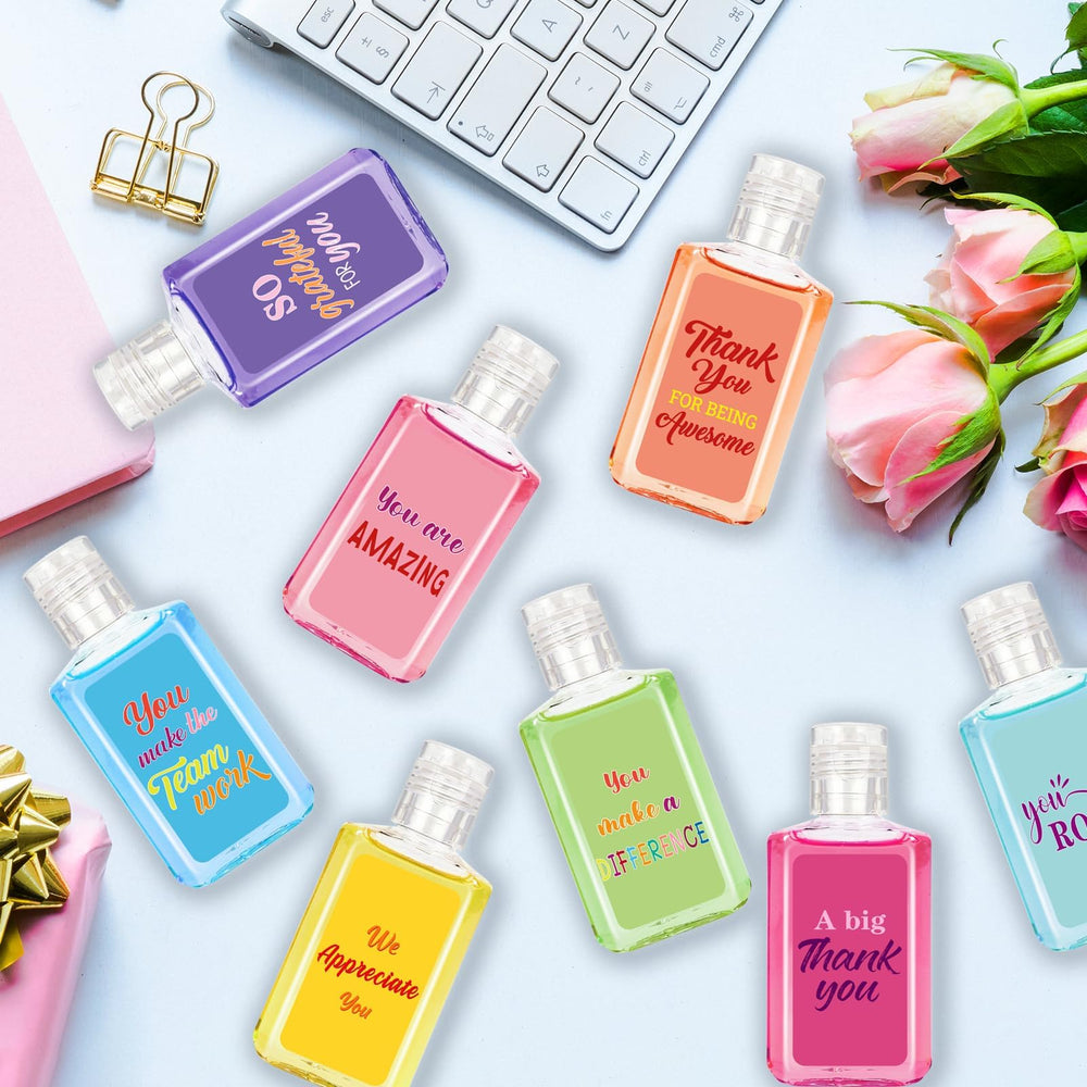 Piuaeue compact 1oz sanitizer with assorted scents, travel-friendly and stain-free.