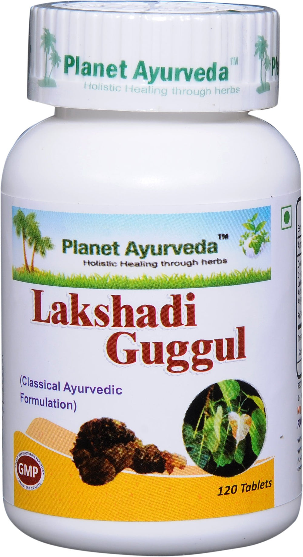 Planet Ayurveda Lakshadi Guggul bottle side showing packaging for ongoing wellness