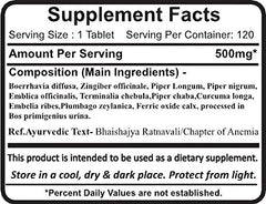 Planet Ayurveda Punarnava Mandur bottle back label with ingredients and purity details.