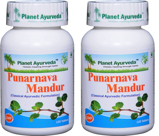 Planet Ayurveda Punarnava Mandur bottle front—detox support from herbal tablets.