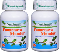 Planet Ayurveda Punarnava Mandur bottle front—detox support from herbal tablets.