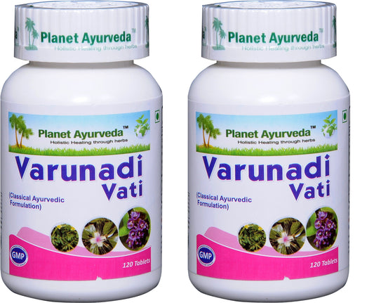 Planet Ayurveda Varunadi Vati bottle front view for urinary support.