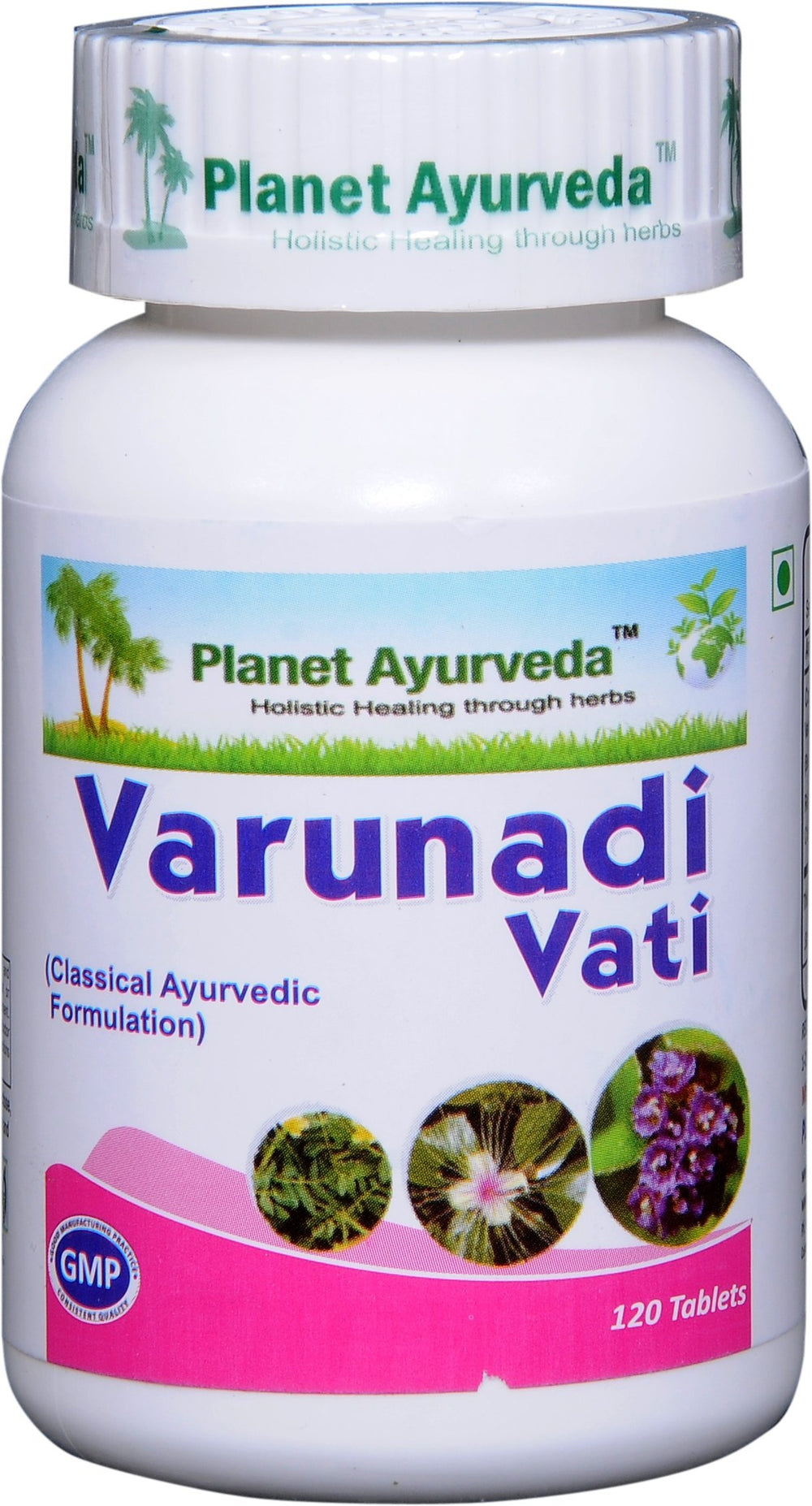 Planet Ayurveda Varunadi Vati bottle label showing pure herbal blend for urinary support.