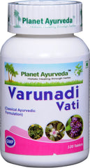 Planet Ayurveda Varunadi Vati bottle label showing pure herbal blend for urinary support.