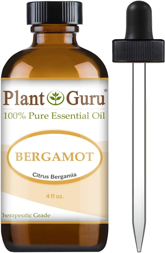 Plant Guru Bergamot essential oil bottle pictured, 4 oz size for aromatherapy.