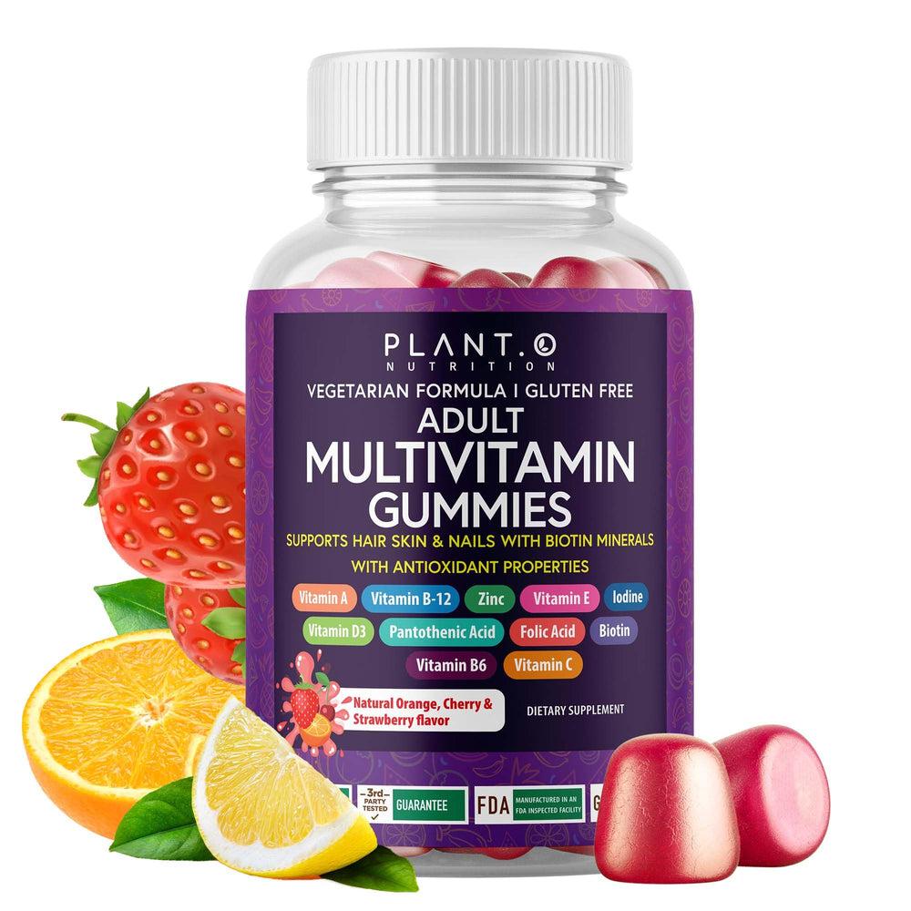 PLANT.O NUTRITION complete multivitamin gummies bottle promotes daily wellness and chewable convenience
