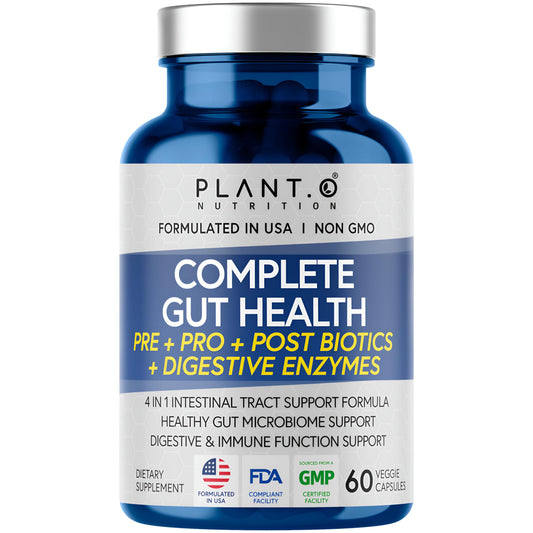 PLANT.O NUTRITION Gut Complex bottle front demonstrates daily gut support and brand visibility
