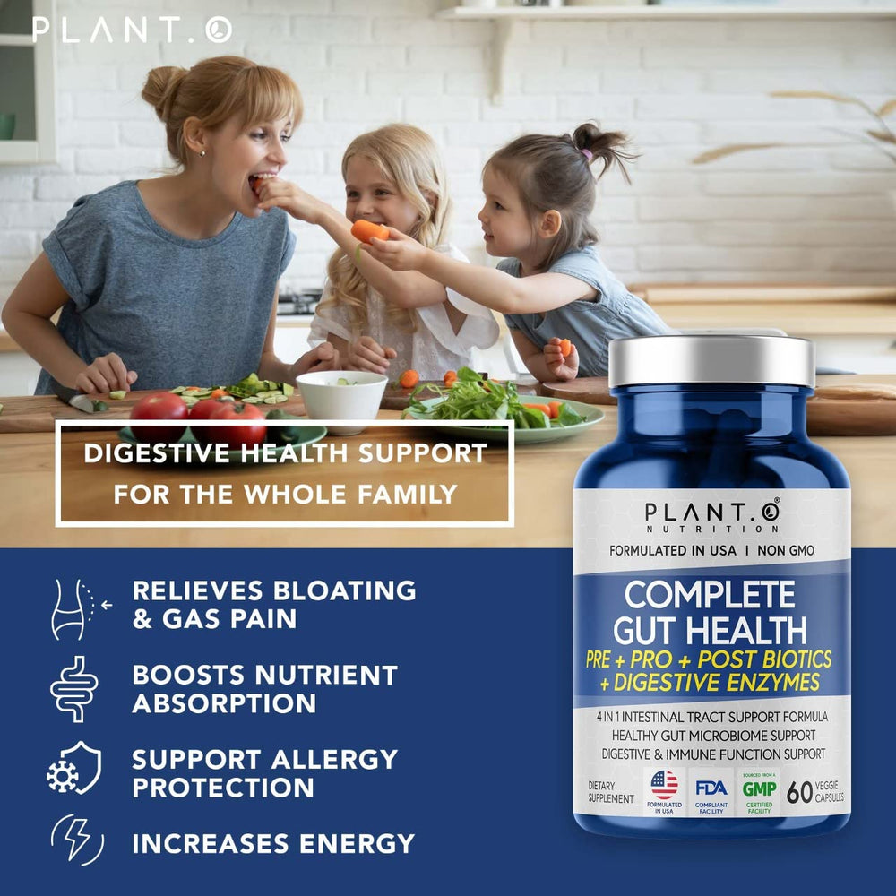 PLANT.O NUTRITION Gut Complex ingredients blend highlights prebiotics, probiotics, and postbiotics