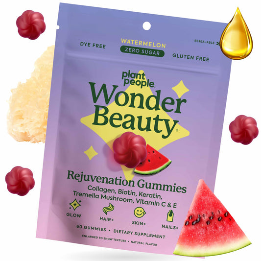 Plant People WonderBeauty watermelon gummies in bottle for hair, skin, and nails.