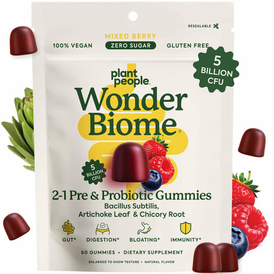 Plant People WonderBiome gummies in a resealable pouch for daily gut support.