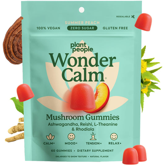 Plant People WonderCalm peach gummies for on-the-go mood support.