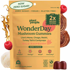 Plant People WonderDay bottle front view shows a potent gummy blend for daily energy and focus.