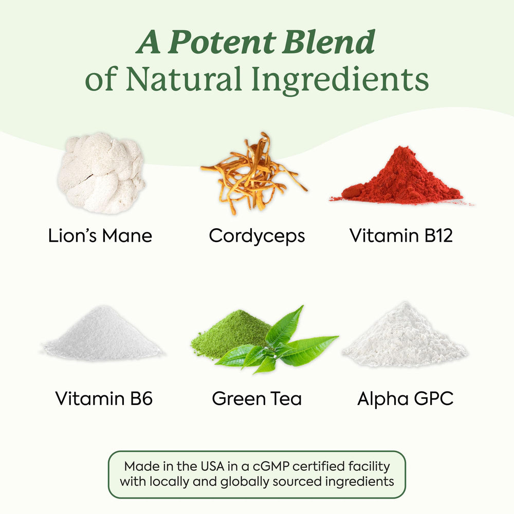 Label close-up shows Lion’s Mane and Cordyceps ingredients for cognitive wellness options