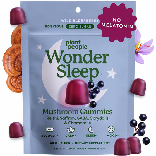 Plant People WonderSleep gummies bottle with elderberry flavor for gentle evening calm.