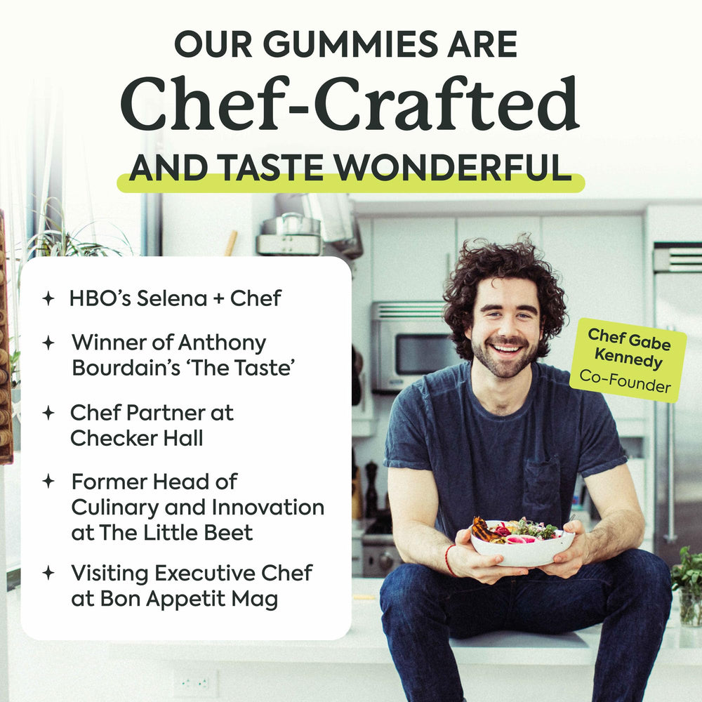 Gummies in natural light reveal vibrant color and plant-based ingredients.