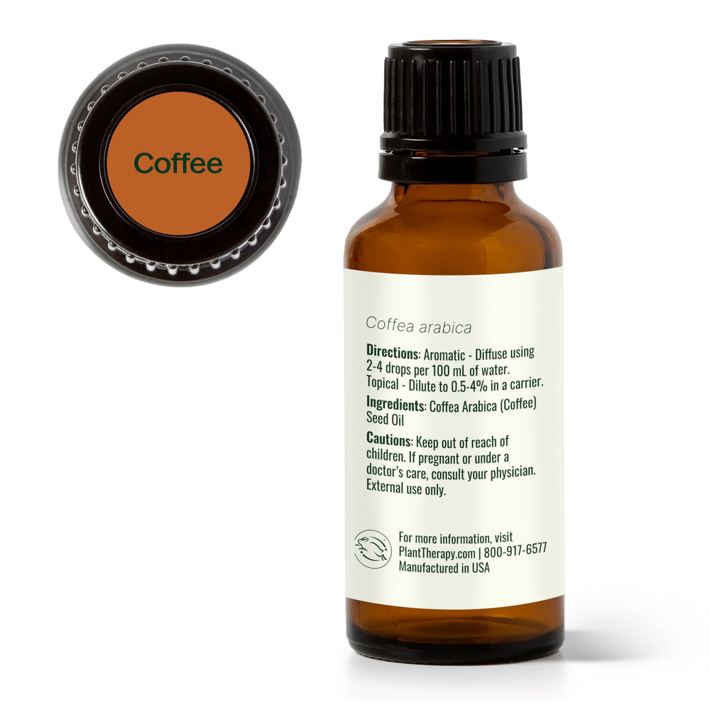 Close-up of Plant Therapy Coffee Oil packaging.