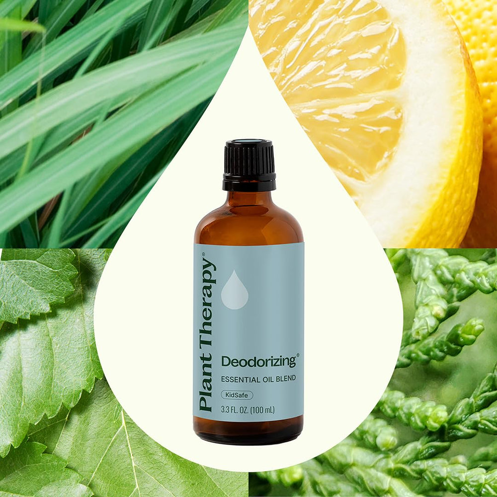 Plant Therapy Deodorizing Blend ingredients card highlights key oils.