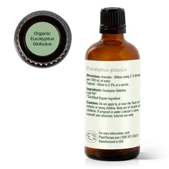 Label highlights USDA Organic status and 100% pure Plant Therapy Eucalyptus Globulus