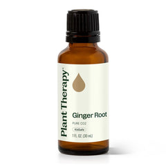 Plant Therapy Ginger Root CO2 bottle showcases pure essential oil for diffusion and massage