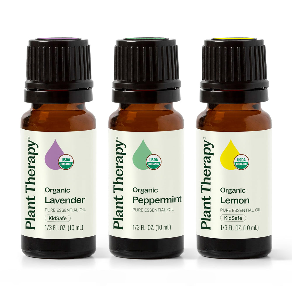 Plant Therapy Lemon essential oil bottle in 10 ml for uplifting aromas and diffusing.