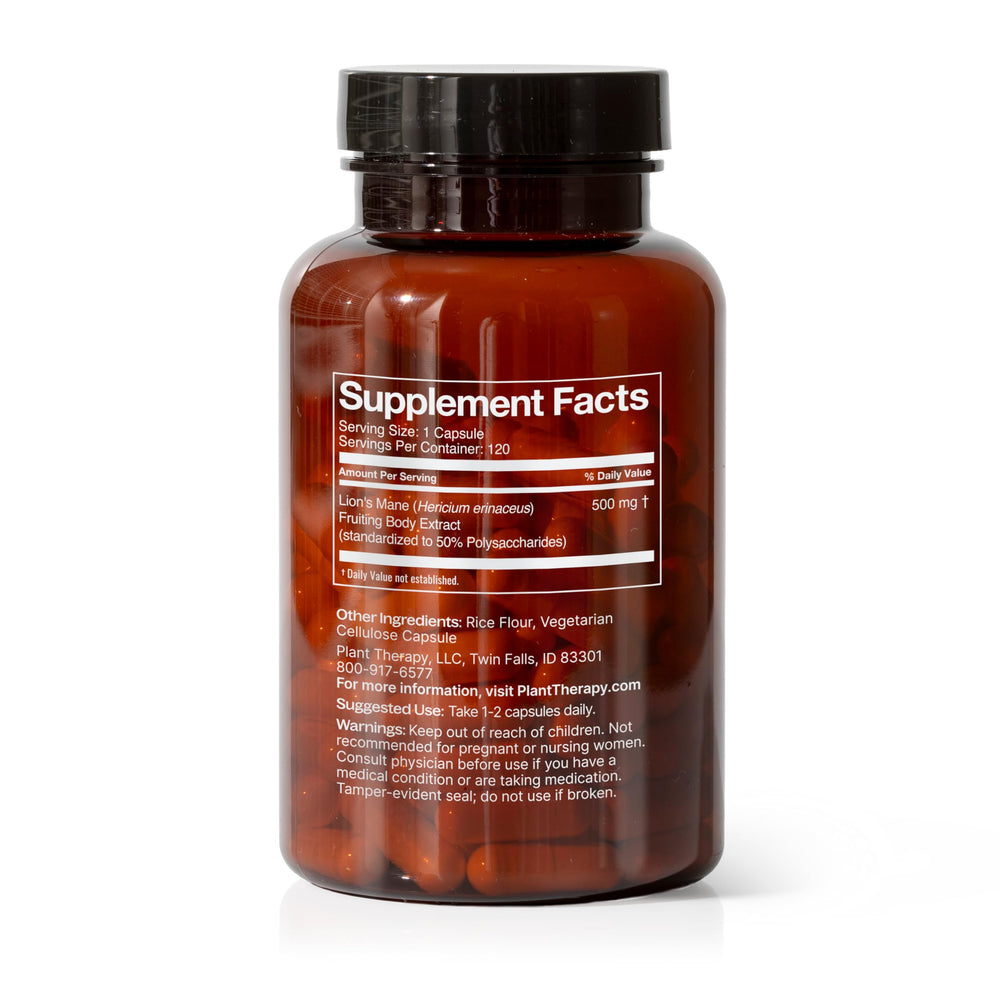 Plant Therapy Lion's Mane capsules closeup emphasizes easy daily use