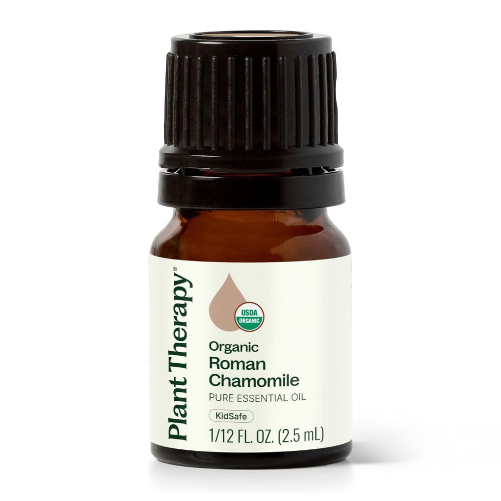 Plant Therapy Roman Chamomile oil bottle for calming aromatherapy.