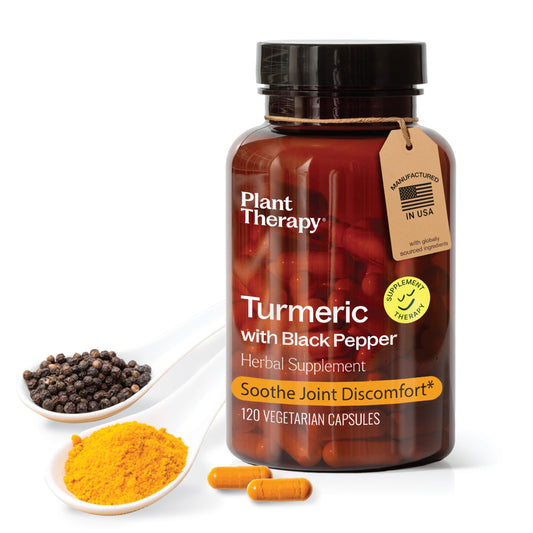 Plant Therapy turmeric with black pepper bottle showing 120 capsules for daily joint support.