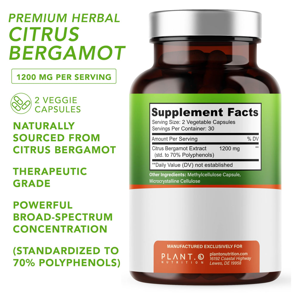 PLANT.O NUTRITION Bergamot capsules close-up emphasizing 70% polyphenols for daily wellness