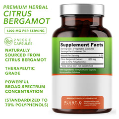 PLANT.O NUTRITION Bergamot capsules close-up emphasizing 70% polyphenols for daily wellness