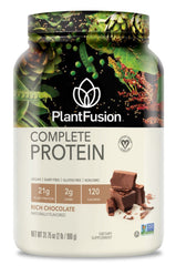 PlantFusion complete vegan chocolate protein packaging with scoop for easy shakes
