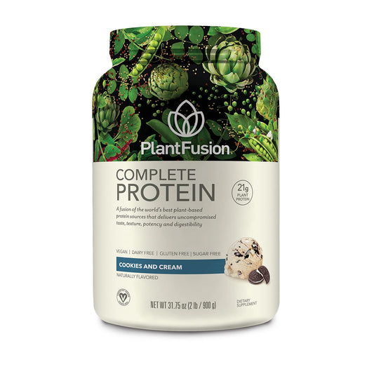 PlantFusion Complete Vegan Protein Cookies and Cream label front for quick identification