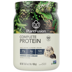 PlantFusion Complete Vegan Protein Powder Cookies and Cream bottle with scoop, ideal for post-workout fueling