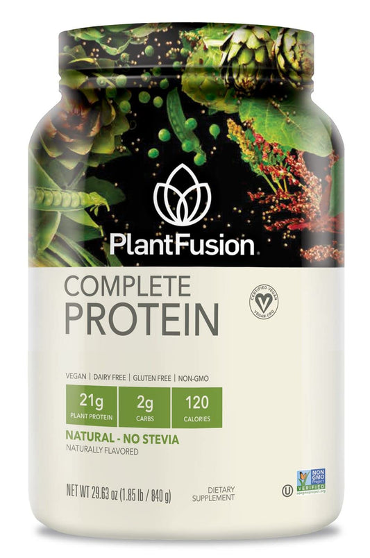 PlantFusion complete vegan protein tin, showcasing a five-plant blend for balanced nutrition
