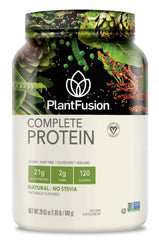 PlantFusion complete vegan protein tin, showcasing a five-plant blend for balanced nutrition