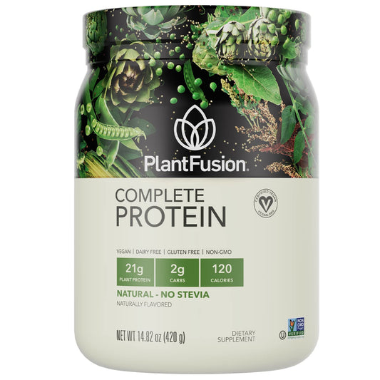 PlantFusion Complete Vegan Protein Powder tub showing 21g protein per serving for post workout recovery