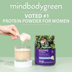 PlantFusion Inspire scoop beside bottle highlighting vanilla flavor for keto-friendly shakes
