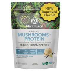 PlantFusion Mushroom Protein Powder Vanilla tub ready for smoothies and recovery support.