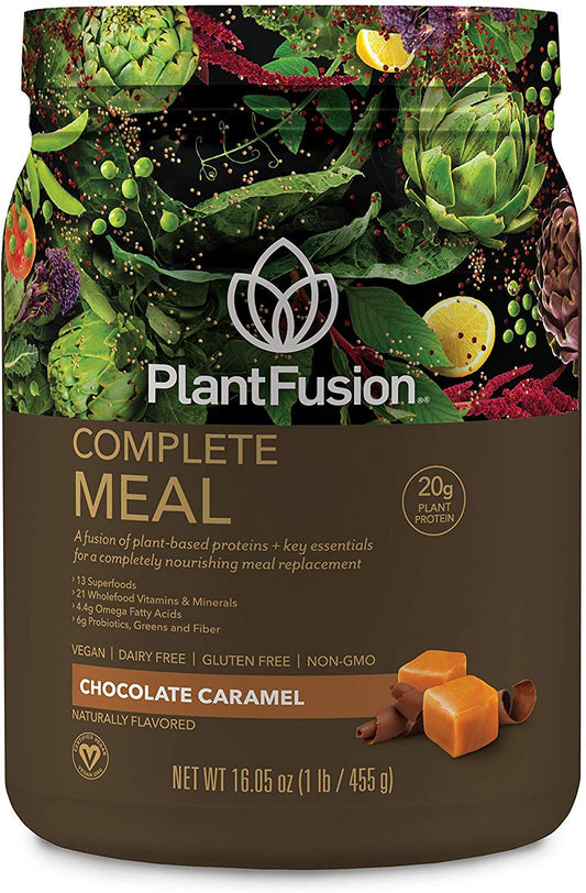 PlantFusion Phood shake in a glass with chocolate caramel flavor, a convenient vegan meal replacement