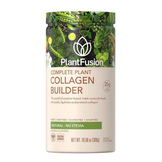 PlantFusion vegan collagen powder tub front, highlighting a plant-based protein blend for daily use.