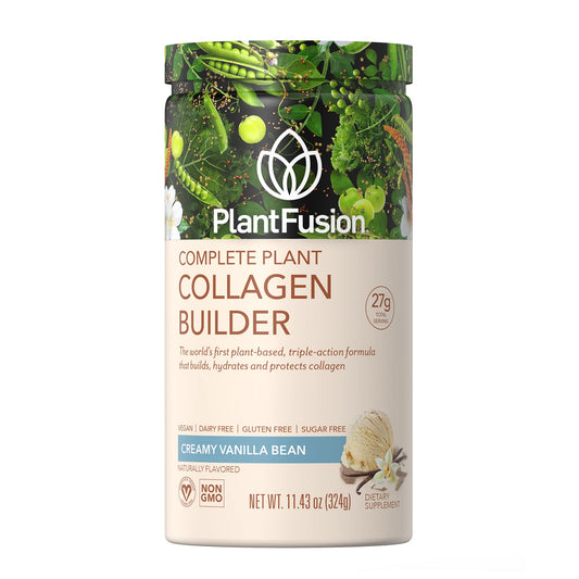 PlantFusion vegan collagen powder vanilla tub showing dairy-free formula for hair, skin, and joints