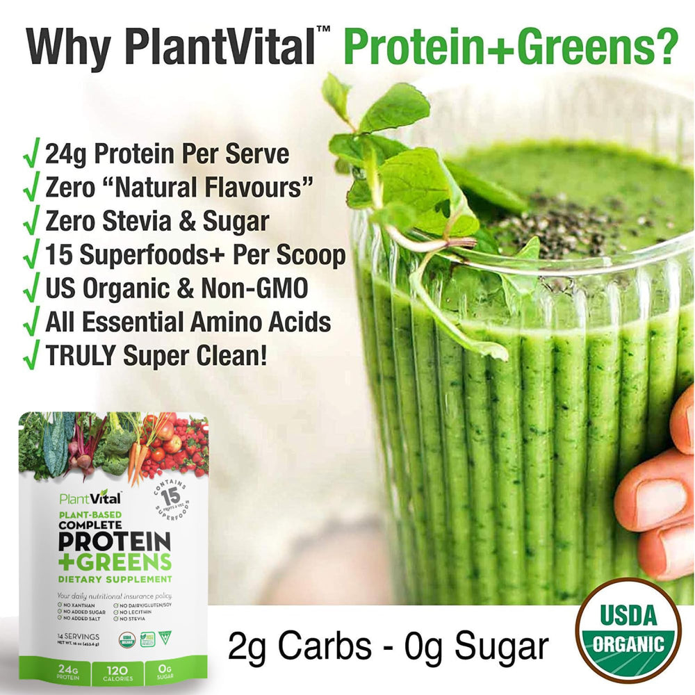 Plantvital 24g protein per serving label highlighting protein content