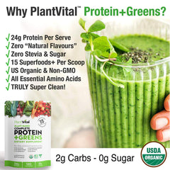 Plantvital 24g protein per serving label highlighting protein content