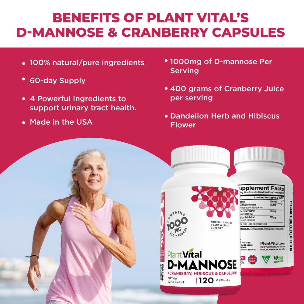 Plantvital D Mannose capsules close-up shows convenient capsules for urinary health support.